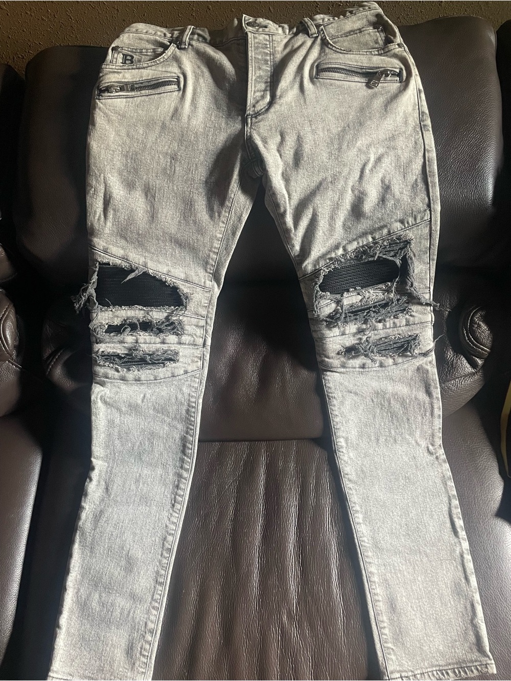 Balmain Light Gray Ripped Skinny Jeans